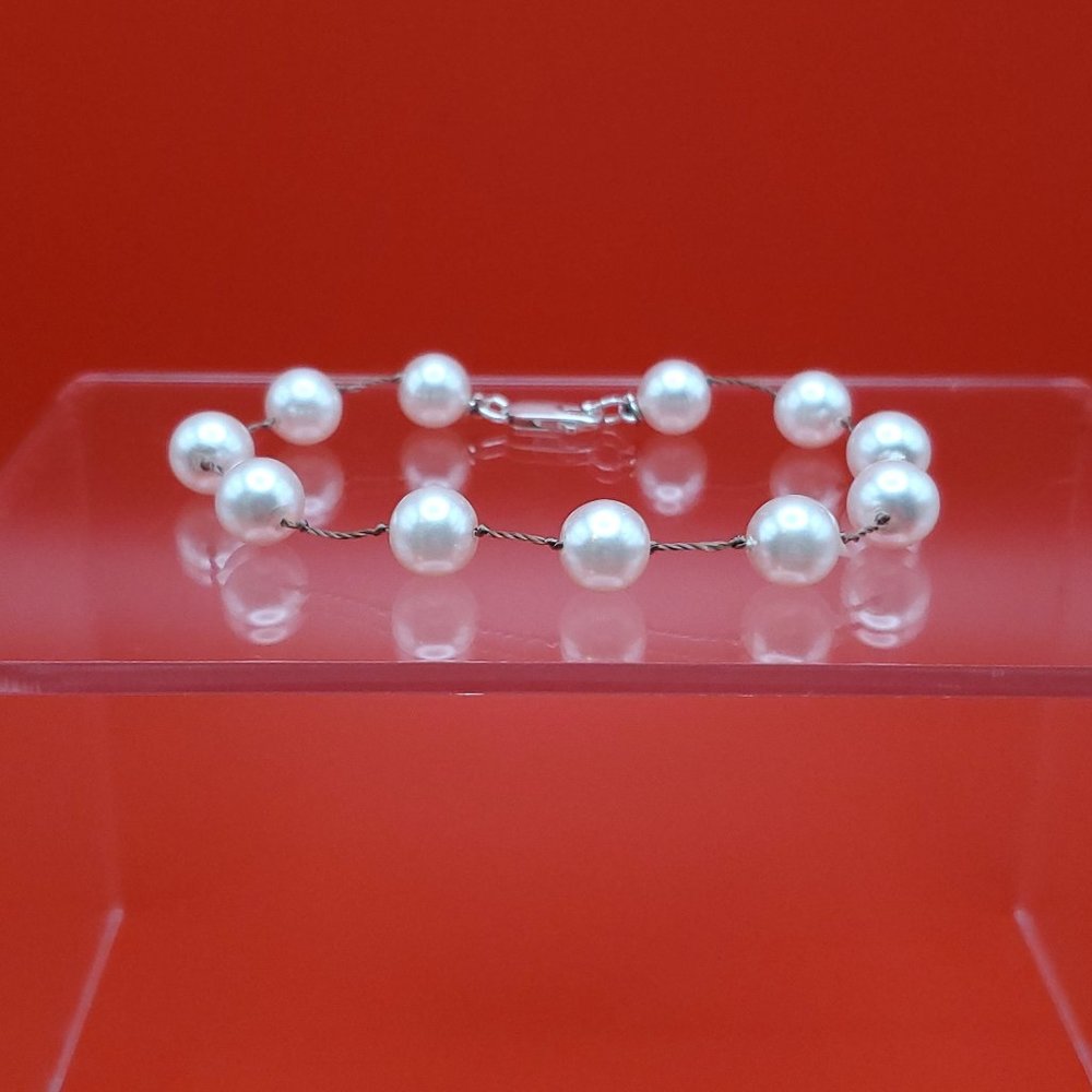 7 Inch 925 Sterling Silver & Cord Faux Pearls Bracelet